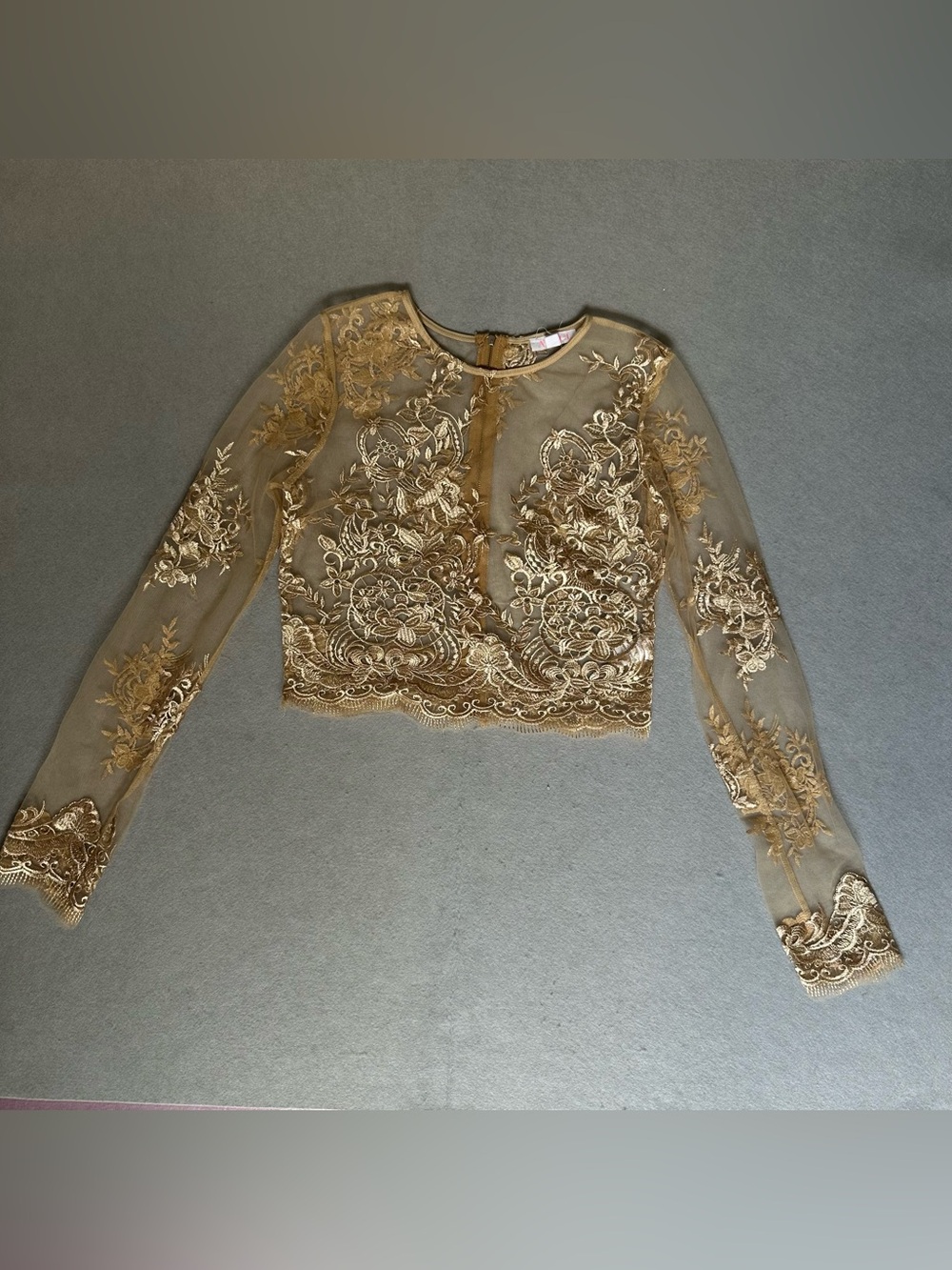 a'gaci Gold Embroidered Sheer Long-Sleeve Crop Top